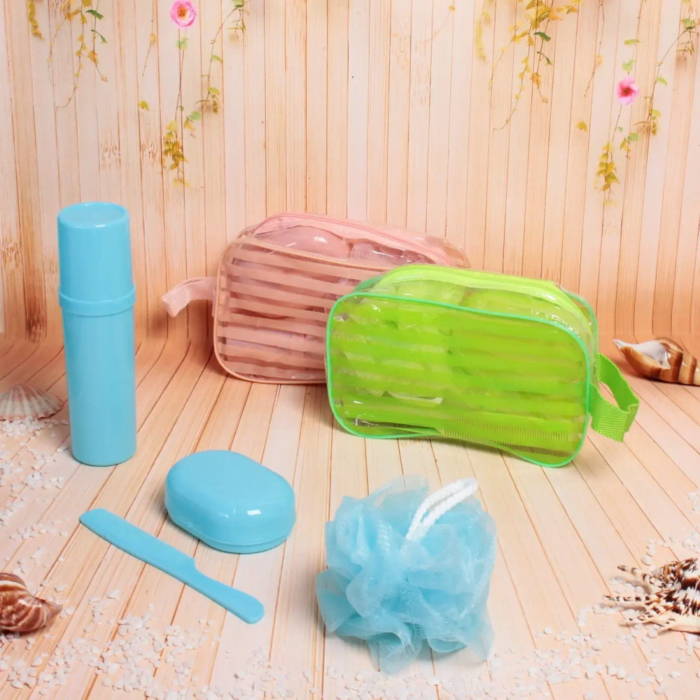 Набор банный дорожный 4шт «Traveler - Полоска», микс 2 цв., (мочалка, футляр 2шт, расческа), 21*12*7см✦