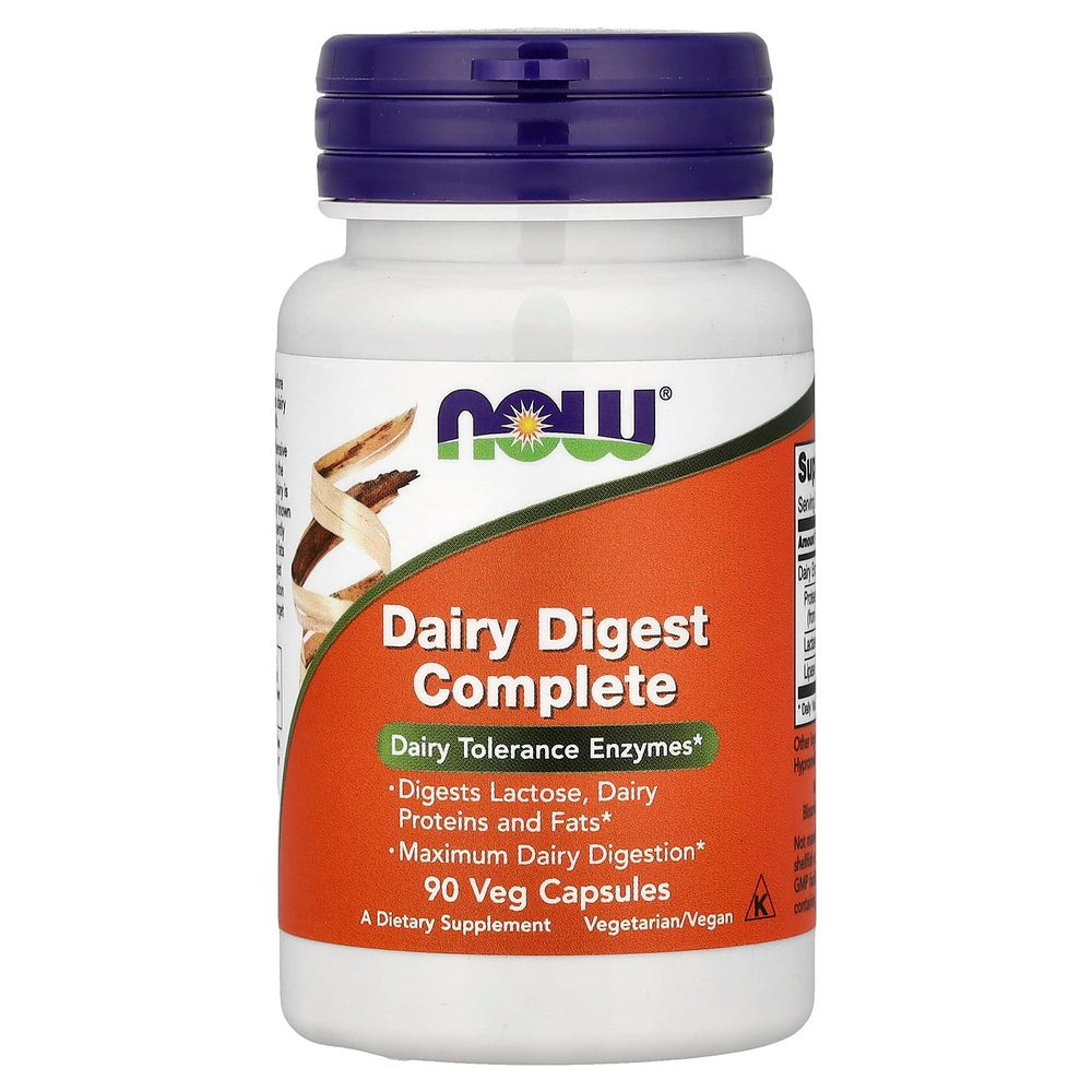 NOW Foods, Dairy Digest Complete, комплекс для усвоения и расщепления молочных продуктов, 90 вегетарианских капсул