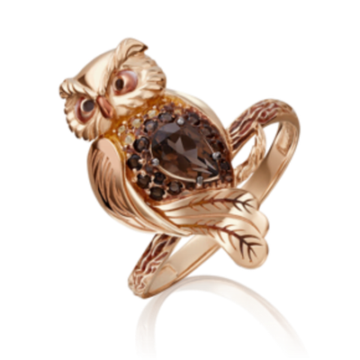 Кольцо «Сова» из красного золота c кварцем дымчатым, цитринами и эмалью Артикул: 01-5174-00-226-1110-57