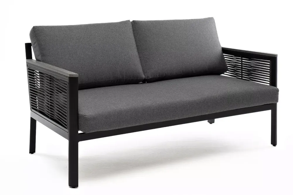 "Сан Ремо" диван 2-местный плетеный из роупа, каркас алюминий темно-серый, роуп серый, ткань серая