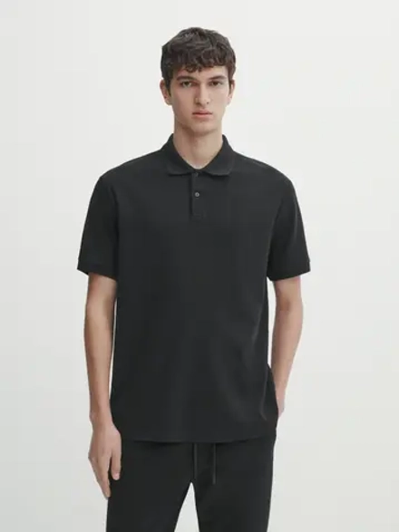 Massimo Dutti Хлопковая футболка-поло с короткими рукавами, черный