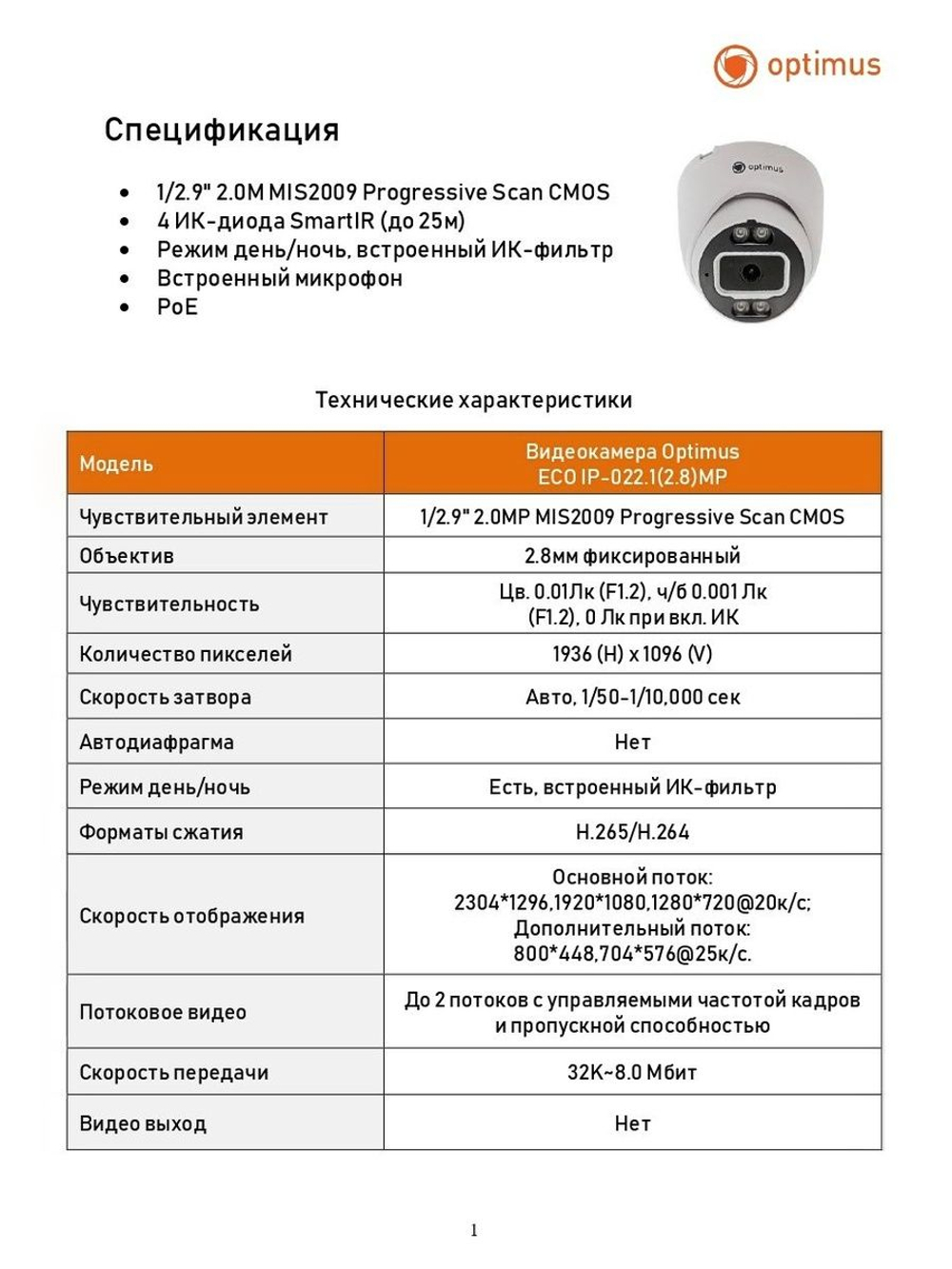 Видеокамера Optimus ECO IP-022.1(2.8)MP