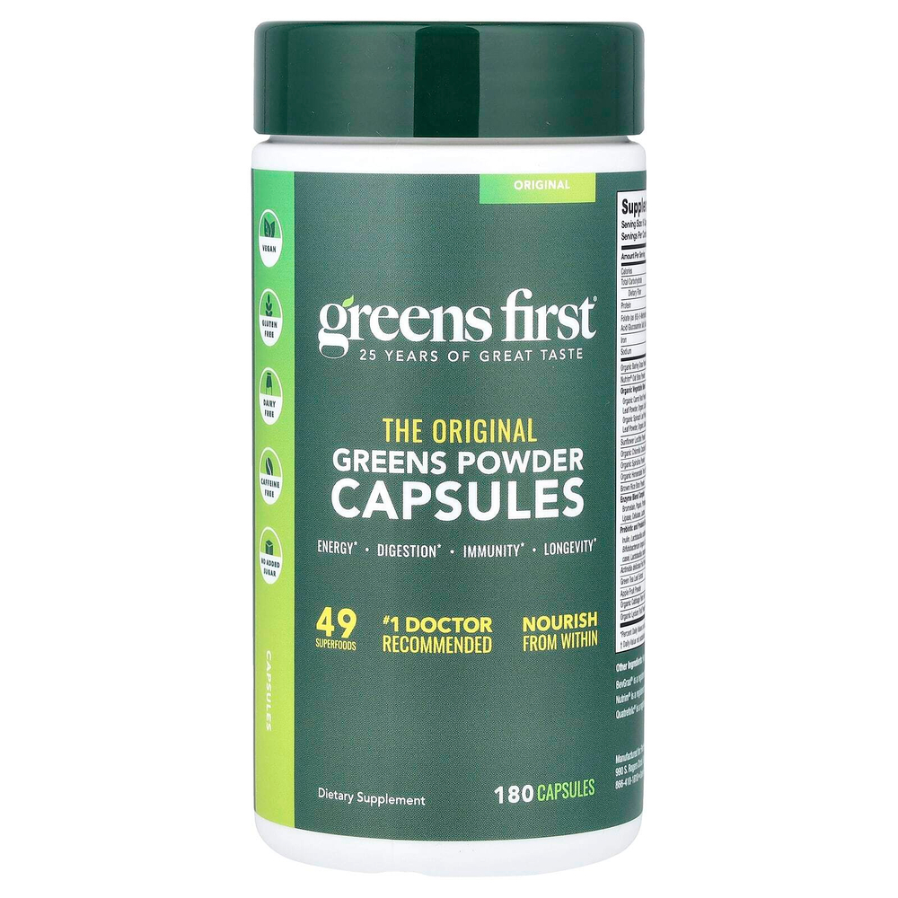 Greens First, порошок с зеленью в капсулах, 180 капсул