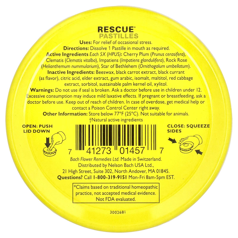 Bach, Original Flower Remedies, спасательные пастилки, натуральное средство для снятия стресса, вкус черной смородины, 35 пастилок, 50 г (1,7 унции)