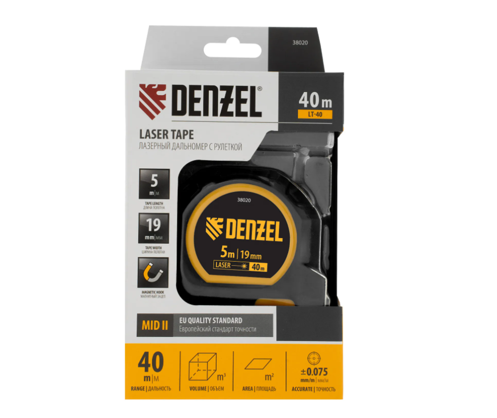 Лазерный дальномер с рулеткой LT-40, 5м x 19 мм, дальномер 40м, автомат. фиксация Denzel 38020