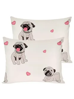 Постельное белье Полисатин Мечта "Мопсики" евро Наволочка 50х70 см 2 шт Простынь на резинке 180x200 см Пододеяльник 200x215 см