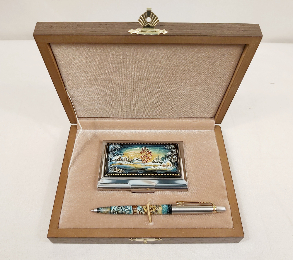 Набор "Деревенька. Зима" визитница и ручка Parker с ручной росписью Палех