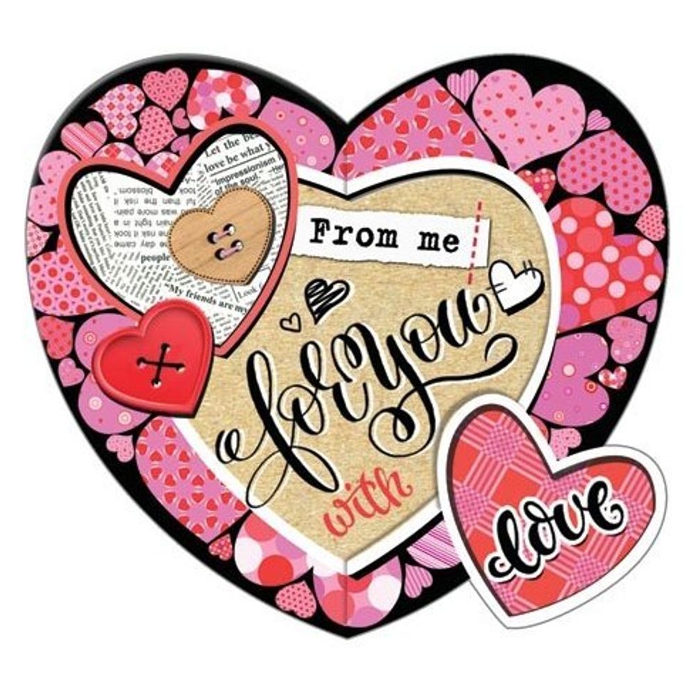 Открытка - мини двойная, с термографией, "For you with love", 86х167 мм, с текстом, форма-сердце