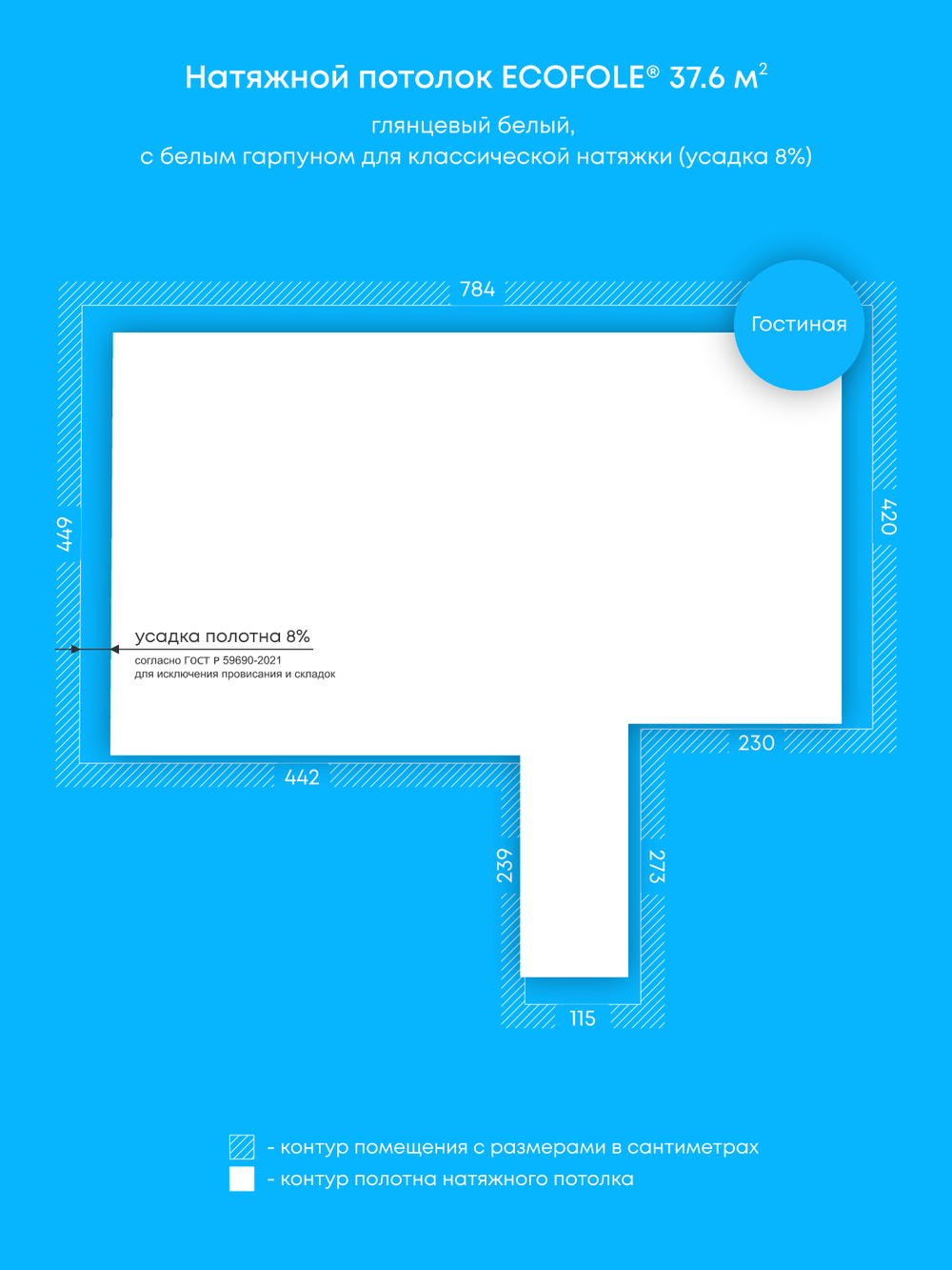 Глянцевый натяжной потолок 37.6 м2