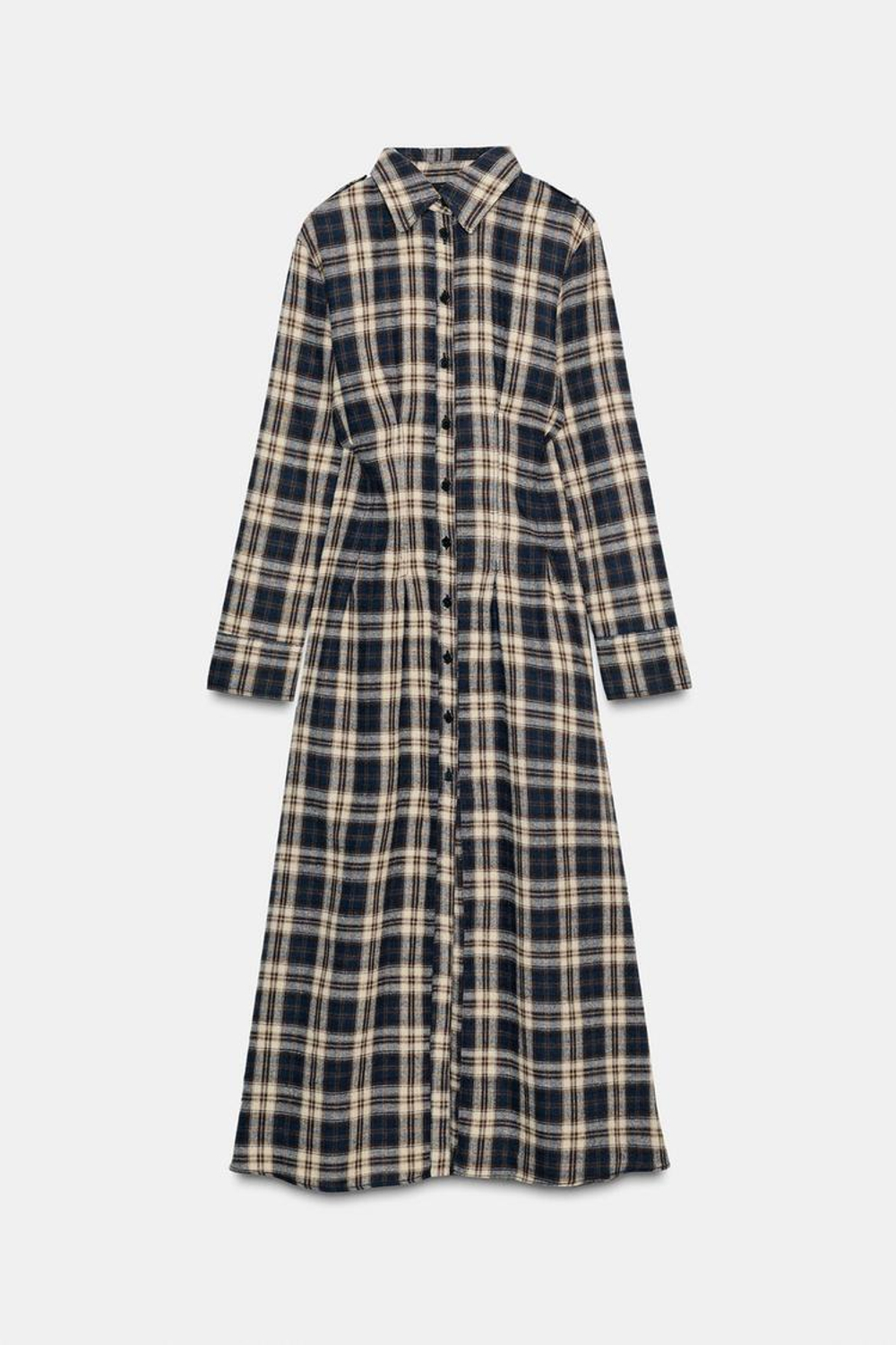 ZARA ПЛАТЬЕ МИДИ В КЛЕТКУ СО СКЛАДКАМИ, КОРИЧНЕВО-СИНИЙ