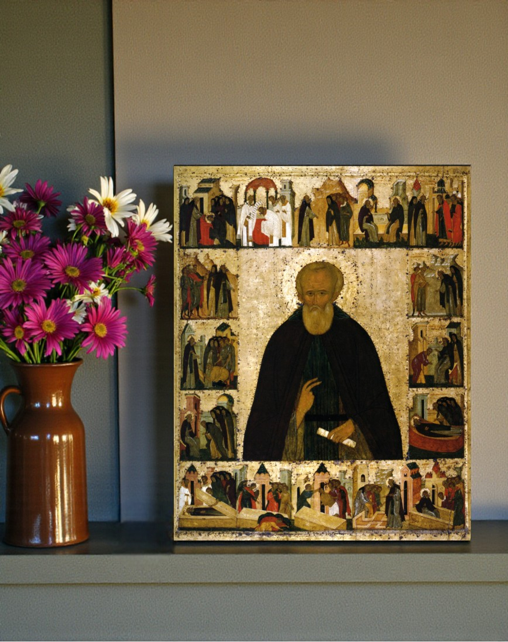 Дмитрий Прилуцкий святой преподобный игумен Вологодский. Деревянная икона на левкасе