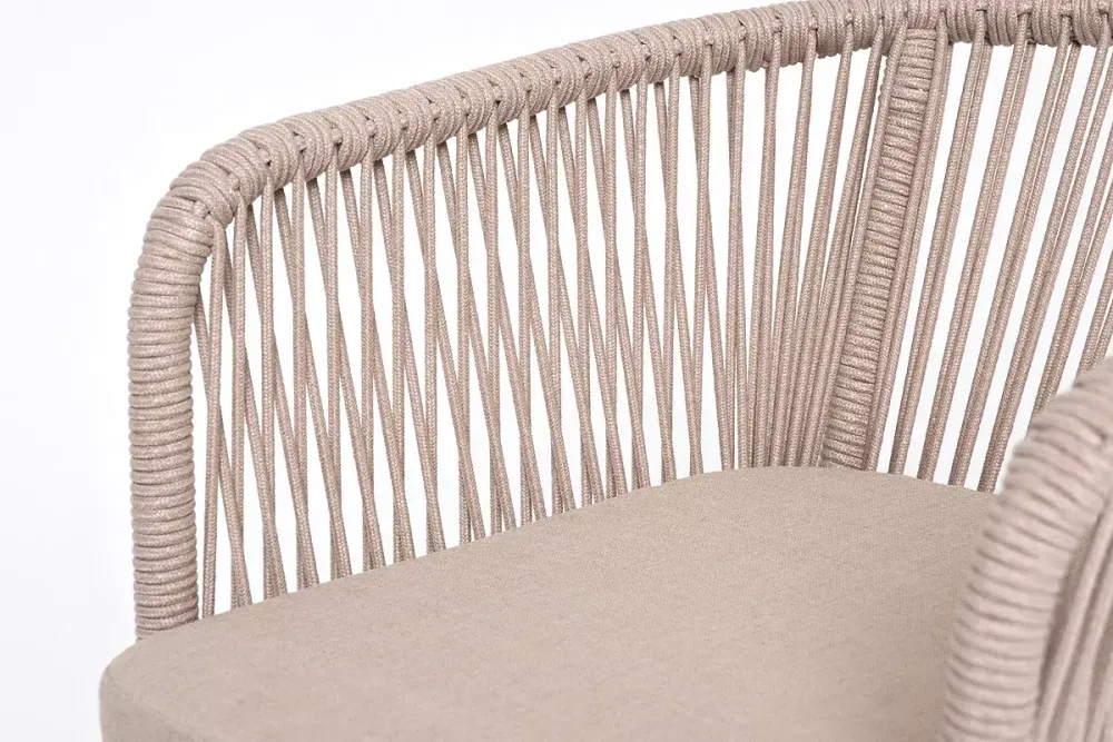 "Марсель" стул барный плетеный из роупа, каркас из стали белый муар, роуп бежевый круглый, ткань бежевая 15052