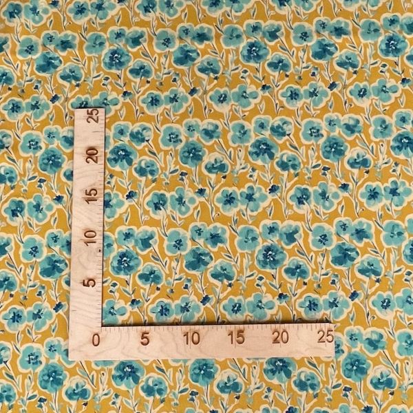 ГОЛУБЫЕ ЦВЕТЫ НА ГОРЧИЧНОМ ФОНЕ - 100% хлопок 3