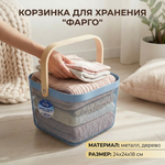 Корзина для хранения металлическая с деревянной ручкой «ФАРГО», цвет голубой, 24*24*18см