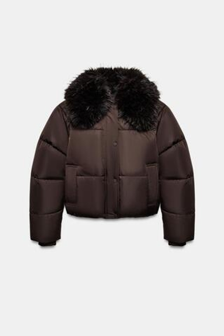 ZARA УТЕПЛЕННАЯ КУРТКА-БОМБЕР С ЛАЦКАНАМИ ИЗ ИСКУССТВЕННОГО МЕХА, КОРИЧНЕВЫЙ