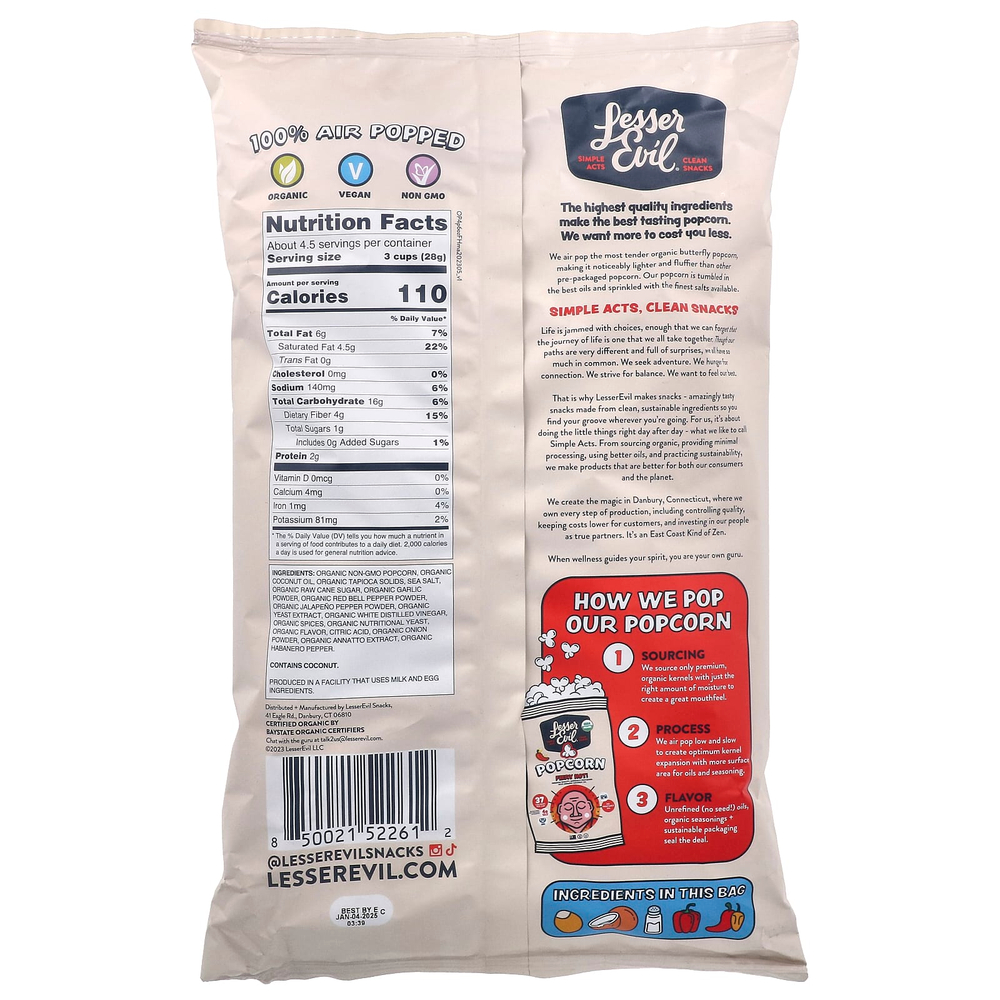LesserEvil, Попкорн, Fiery Hot !, 130 г (4,6 унции)