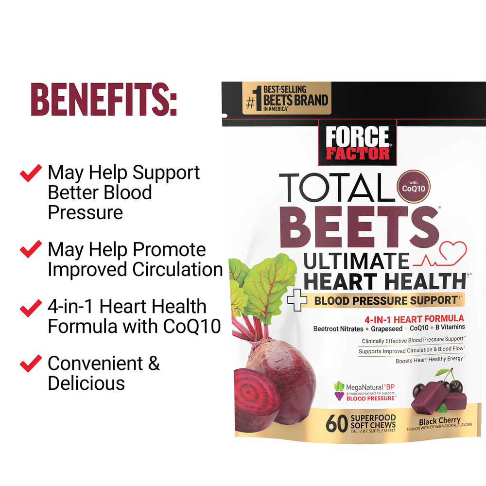 Force Factor, Total Beets® с коэнзимом Q10, Ultimate Heart Health, черная вишня, 60 жевательных таблеток Superfood