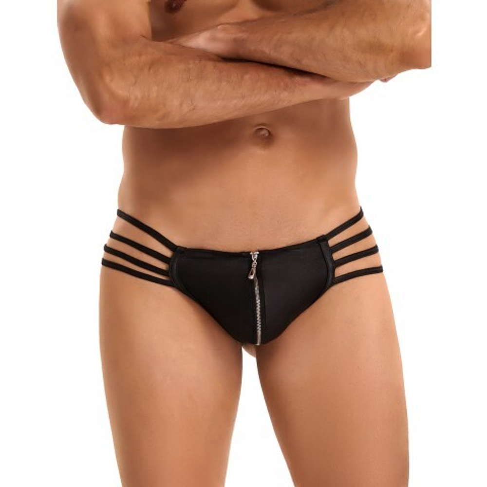 Кожаные мужские стринги Ohyeah Zipper Black, на молнии со стрепами, XL