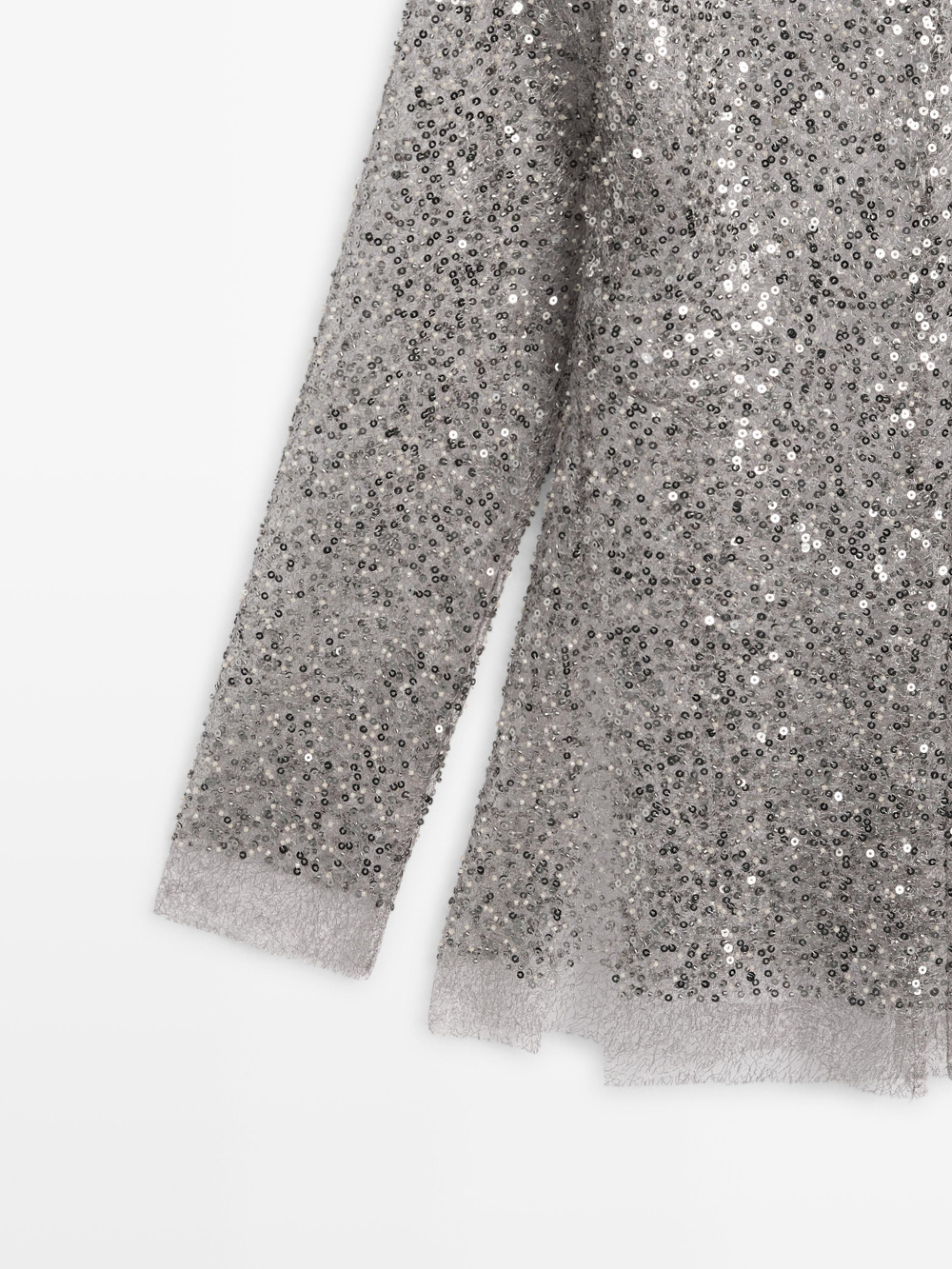 Massimo Dutti Блуза с пайетками и драпированным вырезом, серебряный