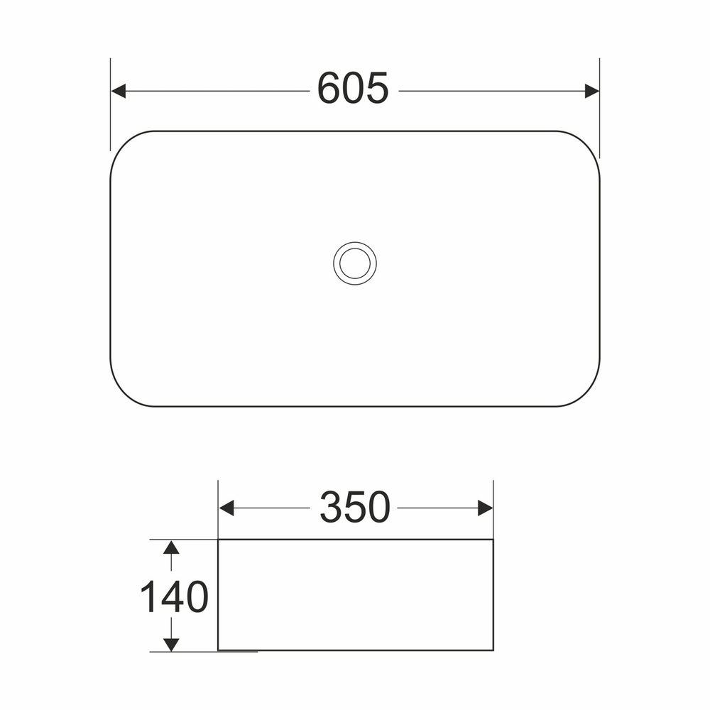 Раковина накладная на столешницу WAVE Promo 605*350*140 ш*г*в без перелива,белый,прямоуг