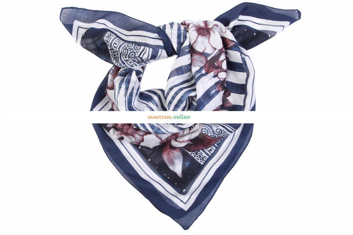 Платок материал Хлопок 100% "Коричневые Цветы" цвет синий белый 100x100 см.