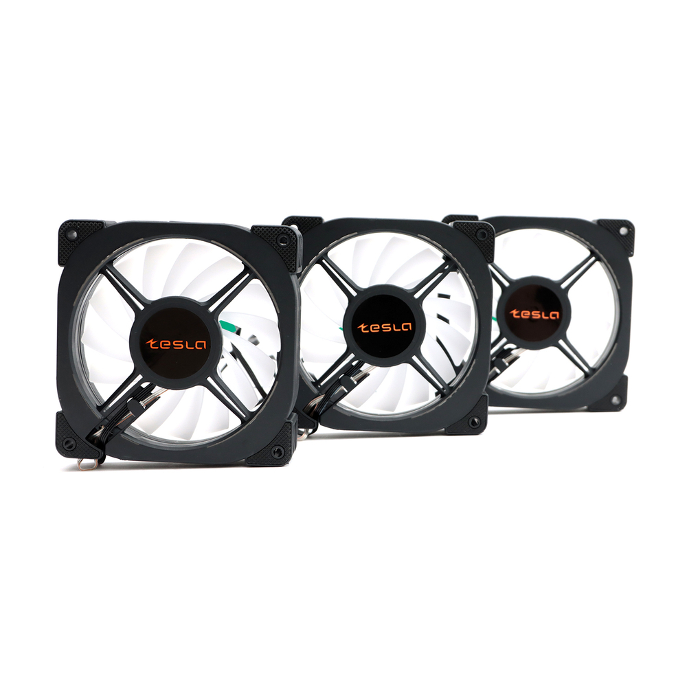 Комплект из 3 вентиляторов TESLA RGB120-XB3, 120мм, 1200rpm, Molex, черный-белый/RGB, 38CFM, 21дБ, антивибропрокладки, бесконечное зеркало, изменение скорости анимации подсветки (TSL-120-XB3)