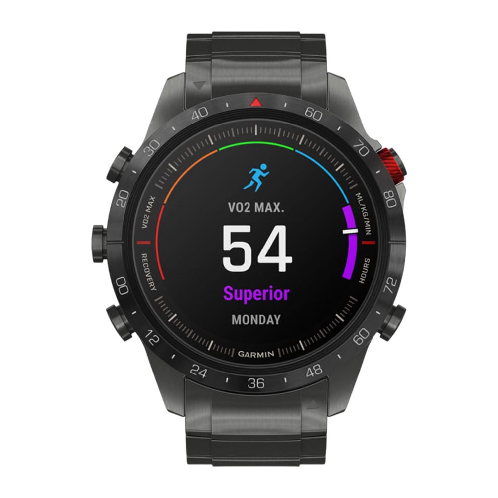 Спортивные часы Garmin MARQ Athlete (Gen 2) Performance Edition, гибридный блочный браслет, силиконовый ремешок цвета «красная плазма» Безель и корпус из титана с DLC-покрытием, AMOLED-дисплей с куполообразным сапфировым стеклом. Блочный браслет из титана
