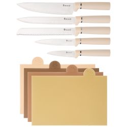 НАБОР AGNESS ИЗ 10ПР: 5 НОЖЕЙ, 4 ДОСКИ И ПОДСТАВКА, ЦВЕТ: БЕЖЕВЫЙ