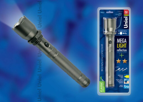 S-LD034-C Gun Metal Фонарь Uniel серии Стандарт Mega Light – Reflection+, алюминиевый корпус, 3 Watt Led, упаковка – кламшелл, 3ХD н/к, цвет – метал
