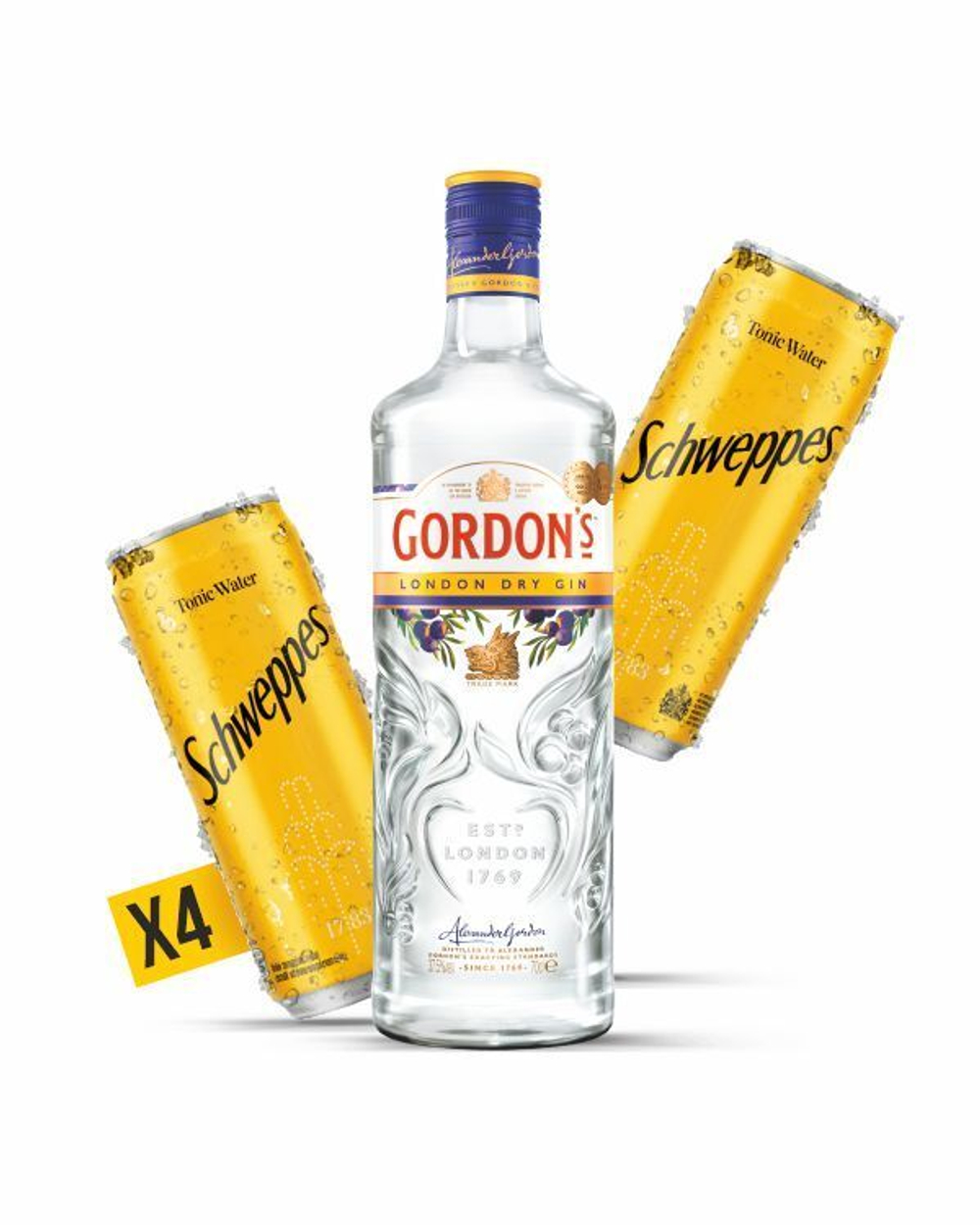 Джин Gordons London Gin Dry 0.7л. + Schweppes 0.33л. x4
