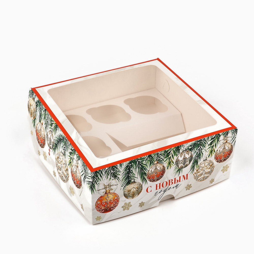 Коробка для капкейков и бенто торта "С Новым Годом" шары 25*25*10 см