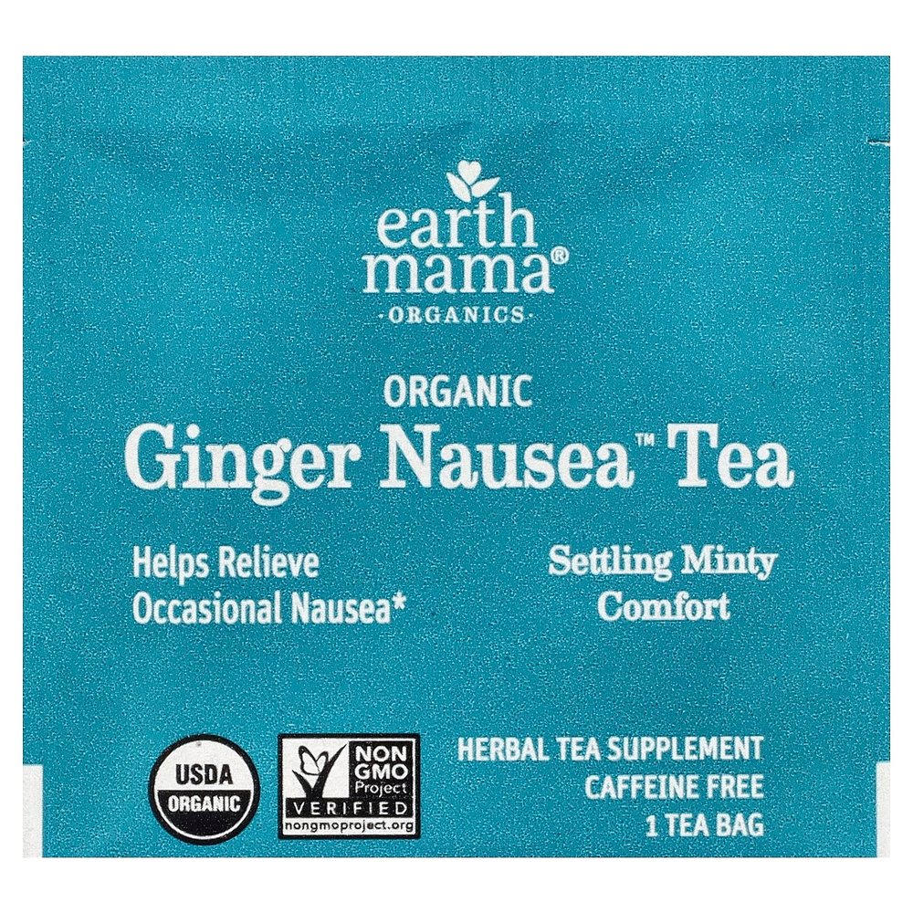 Earth Mama, Organics, органический чай Nausea™ с имбирем, успокаивающий мятный чай, без кофеина, 16 чайных пакетиков, 27,2 г (0,96 унции)