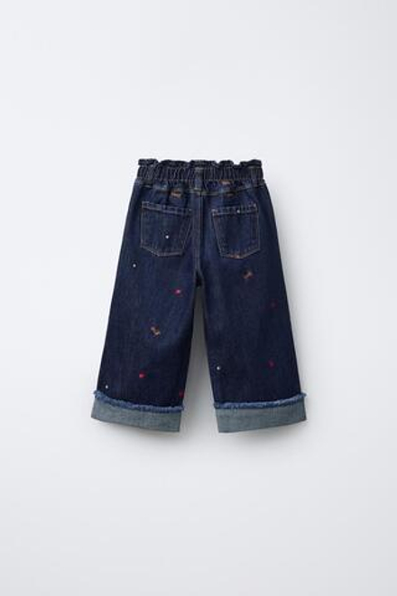 ZARA ДЖИНСЫ-КЮЛОТЫ С ВЫШИВКОЙ В ВИДЕ СОБАКИ, СИНИЙ
