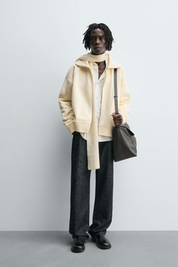 ZARA ТОЛСТОВКА НА МОЛНИИ В РУБЧИК, ЖЕЛТОВАТО-БЕЛЫЙ