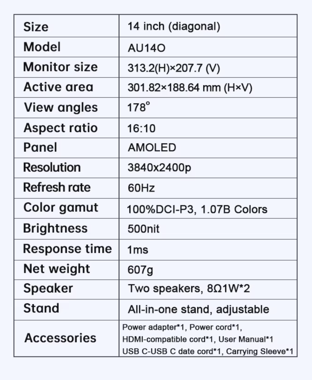 14" Портативный монитор с встроенной подставкой AU14O 4K OLED 3840x2400, 60 Гц