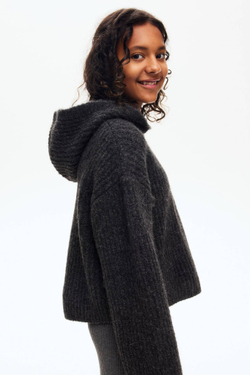 H&M Свитер в рубчик с капюшоном, темно-серый