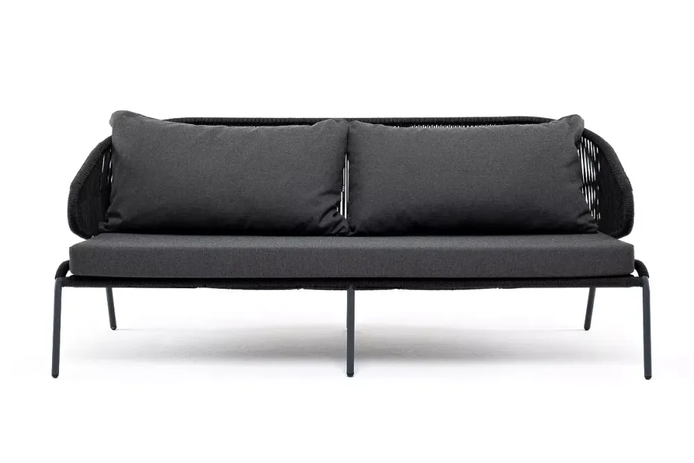 "Милан" диван 3-местный плетеный из роупа, каркас алюминий темно-серый (RAL7024) муар, роуп темно-серый круглый, ткань темно-серая 027