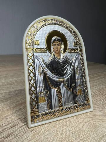 Покрова БМ, икона арочная, пластик белый 80х115