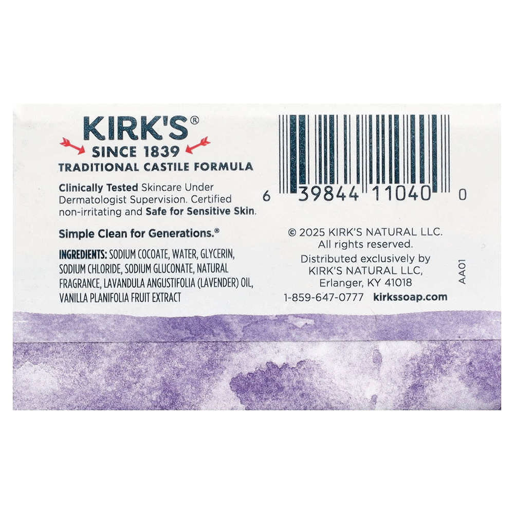 Kirk's, 100% кастильское кусковое мыло премиального качества с кокосовым маслом, лаванда и ваниль, 32 г (1,13 унции)