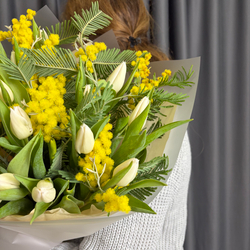 Белые тюльпаны и мимоза