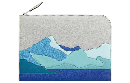 HERMES Zip Tablet Cow Leather Tablet Protective Case Laptop Bag Men"s Gray & Blue