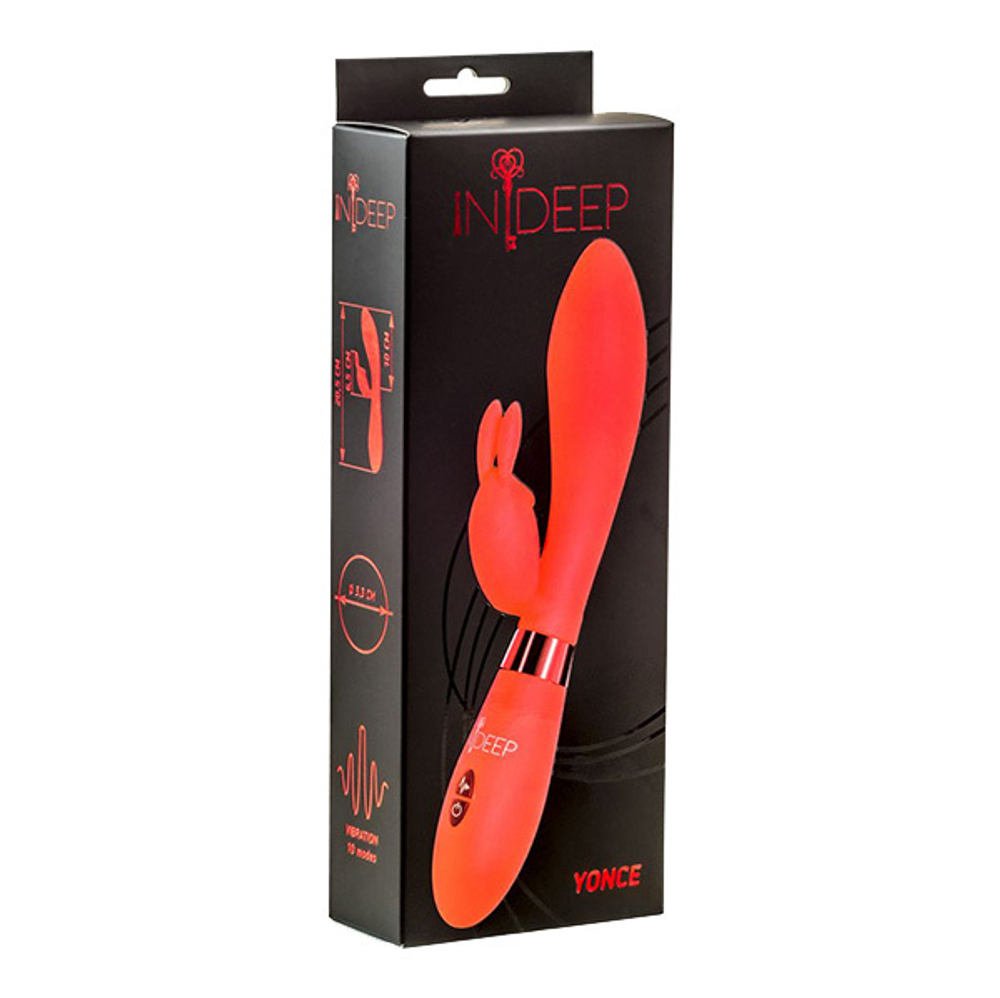 Красный вибратор 20,5см с клиторальным зайчиком Indeep Yonce Red