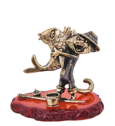 Народные промыслы AM-4215 Фигурка «Кот Рыбак Счастливчик» (латунь, янтарь)