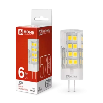 Лампа светодиодная LED-JCD 6Вт 230В G4 4000К БЕЛЫЙ 570Лм IN HOME