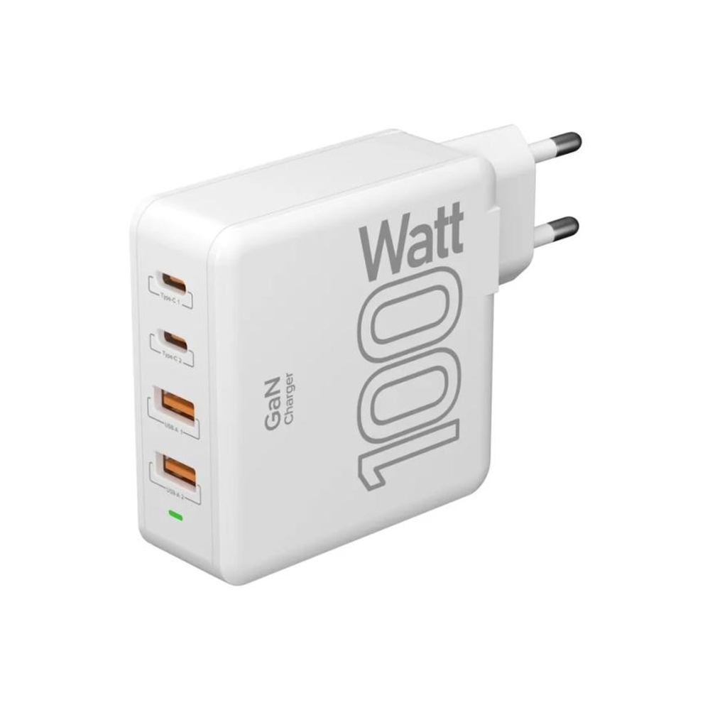 Сетевое зарядное устройство LYAMBDA мощностью 100 Вт (2 USB-C, 2 USB-A) (GaN) (SLT-100) Многопортовый мощный адаптер питания. Есть поддержка PD 3.0 и QC 3.0. Есть LED-индикация