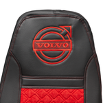 Чехлы VOLVO FH-12 после 2003 года: два высоких сиденья, ремни из сиденья (есть вырезы под ремень) (экокожа, черный, красная вставка)