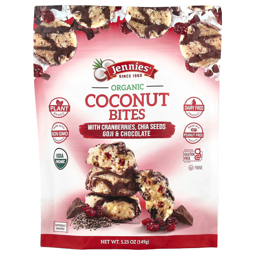 Jennies Macaroons, Кусочки органического кокоса с клюквой, семенами чиа, ягодами годжи и шоколадом, 149 г (5,25 унции)