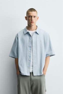 ZARА ДЖИНСОВАЯ РУБАШКА С ВЫШИВКОЙ, ГОЛУБОЙ