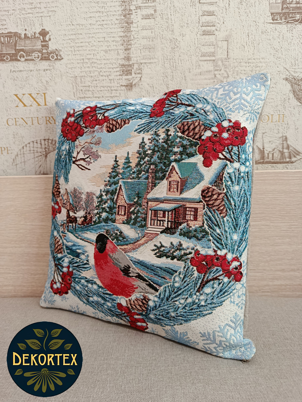 Декоративный гобеленовый чехол для интерьерной подушки Снегири за окном 38*38