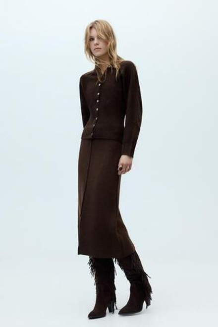 ZARA ДЛИННАЯ ТРИКОТАЖНАЯ ЮБКА, КОРИЧНЕВЫЙ